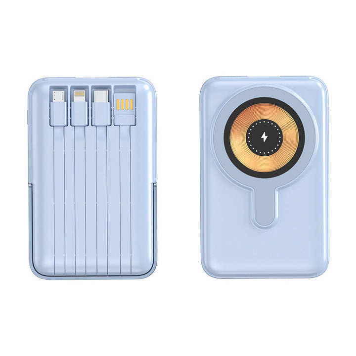 Compact power bank with integrated charging cable and wireless charging function Bowlift