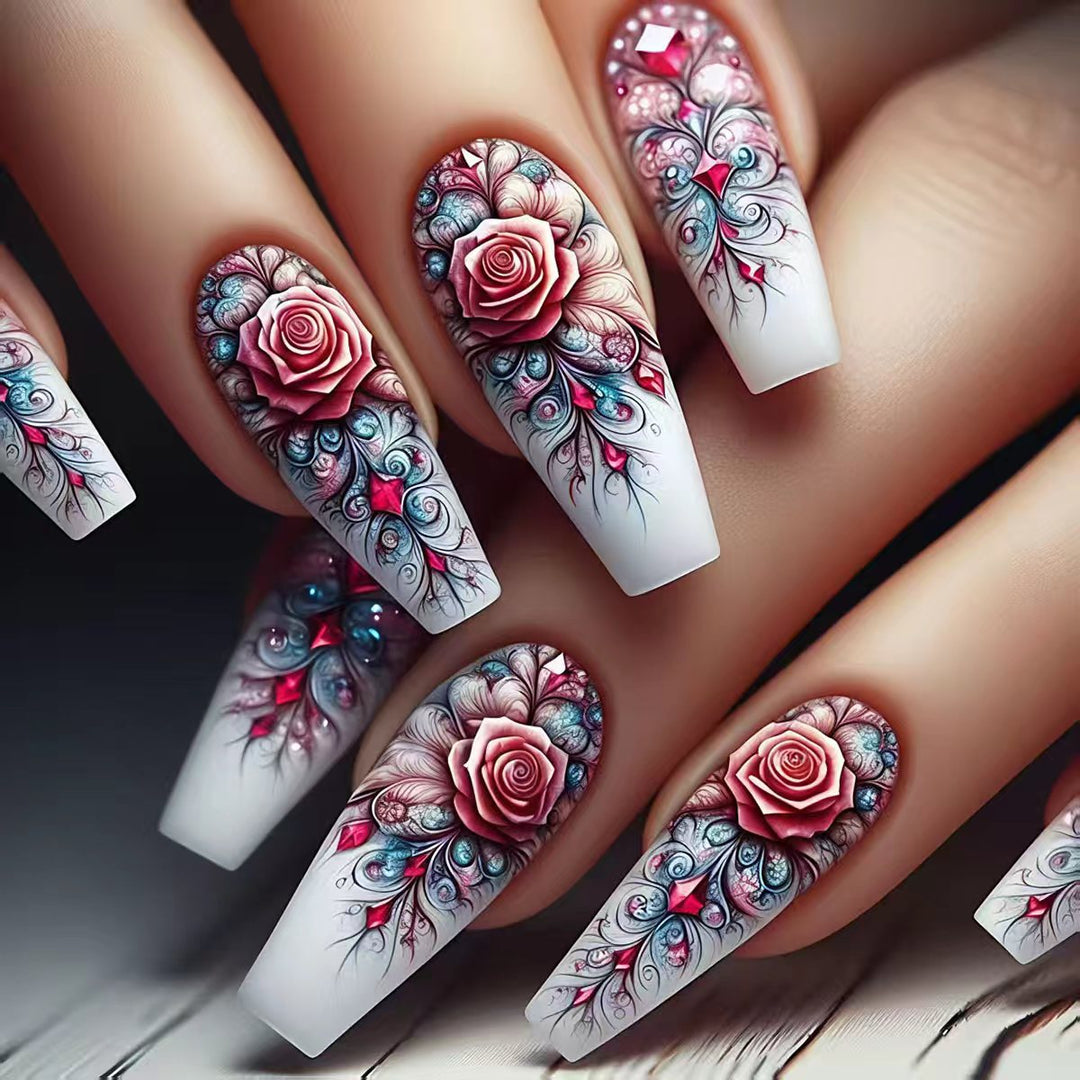 Artistic Floral Acrylic Nail Art Bowlift