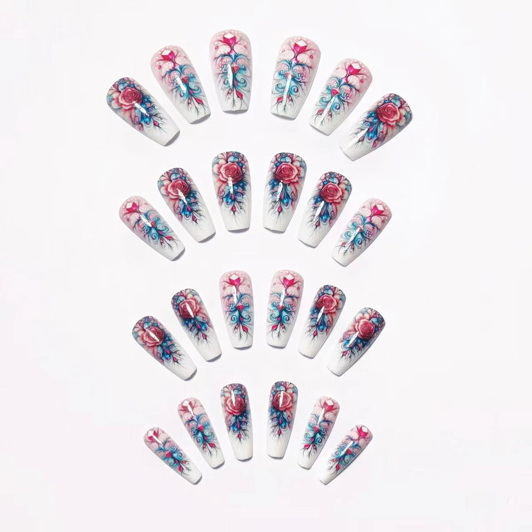 Elegant rose design artificial nails with glitter accents Bowlift