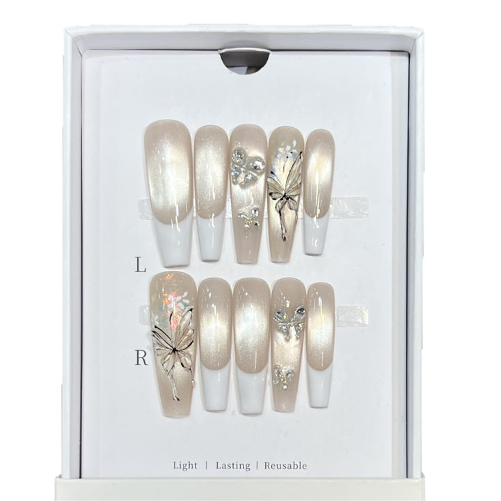 Elegant Press-On Nail Art Set with Butterfly and Jewel Accents Bowlift