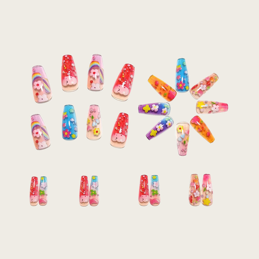 Artificial nails with colorful floral designs and 3D details Bowlift