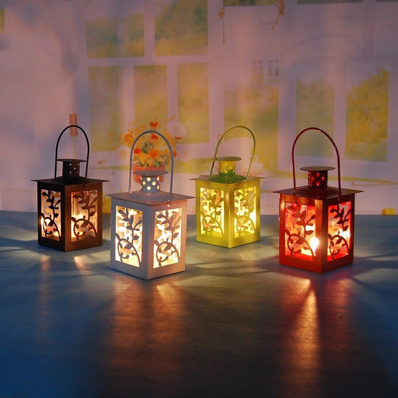 Decorative Metal Tealight Lantern Set with Filigree Leaf Cutouts and Carry Handle Bowlift