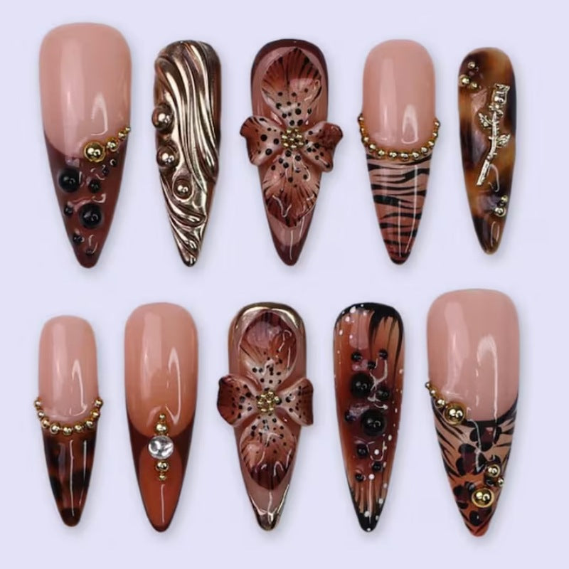 Artistic Press-On Nail Art Set with Floral and Abstract Design Bowlift