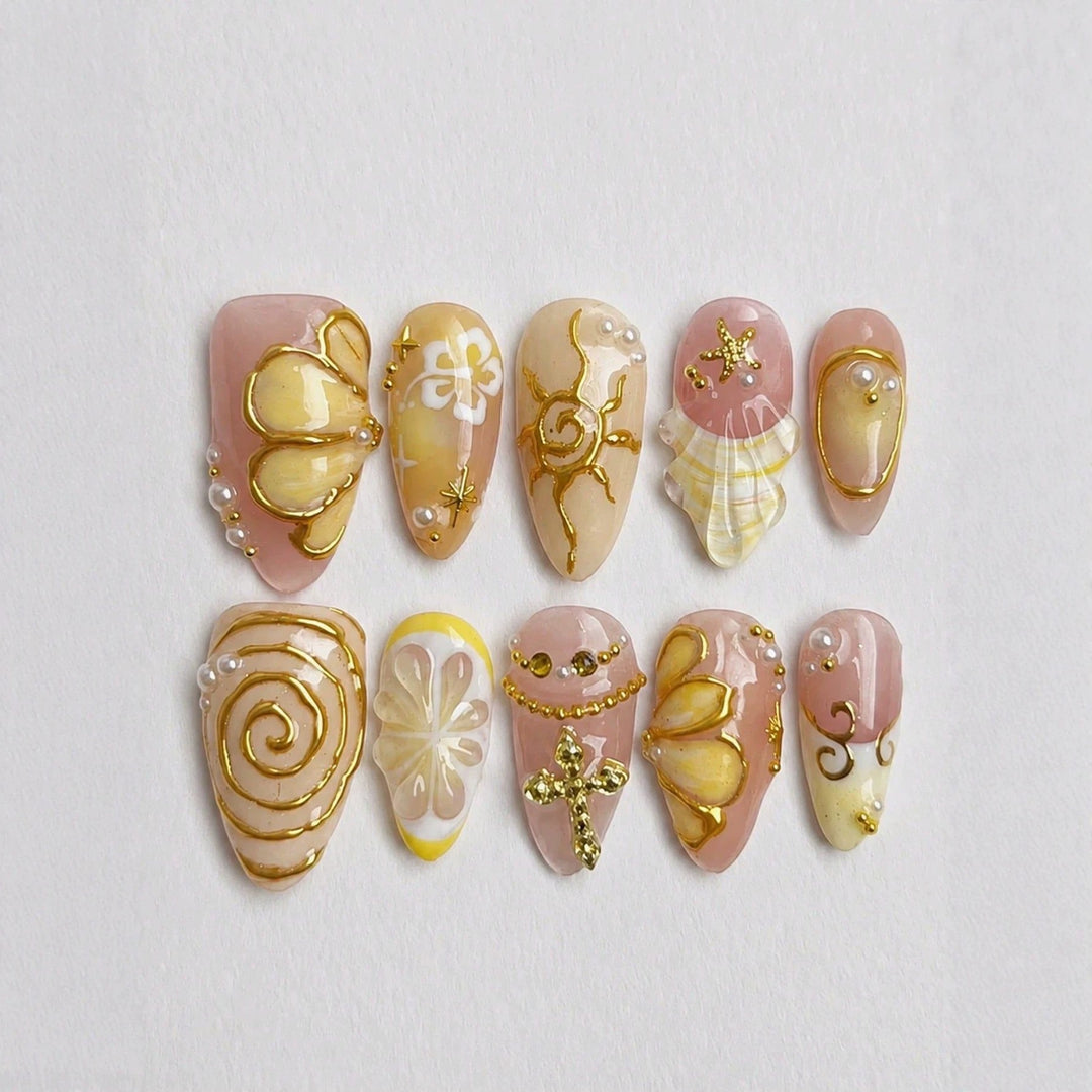 Creative acrylic nail set with playful flower and glitter decorations Bowlift