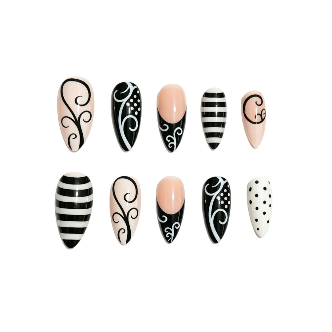 Artificial nails with modern black and white design Bowlift