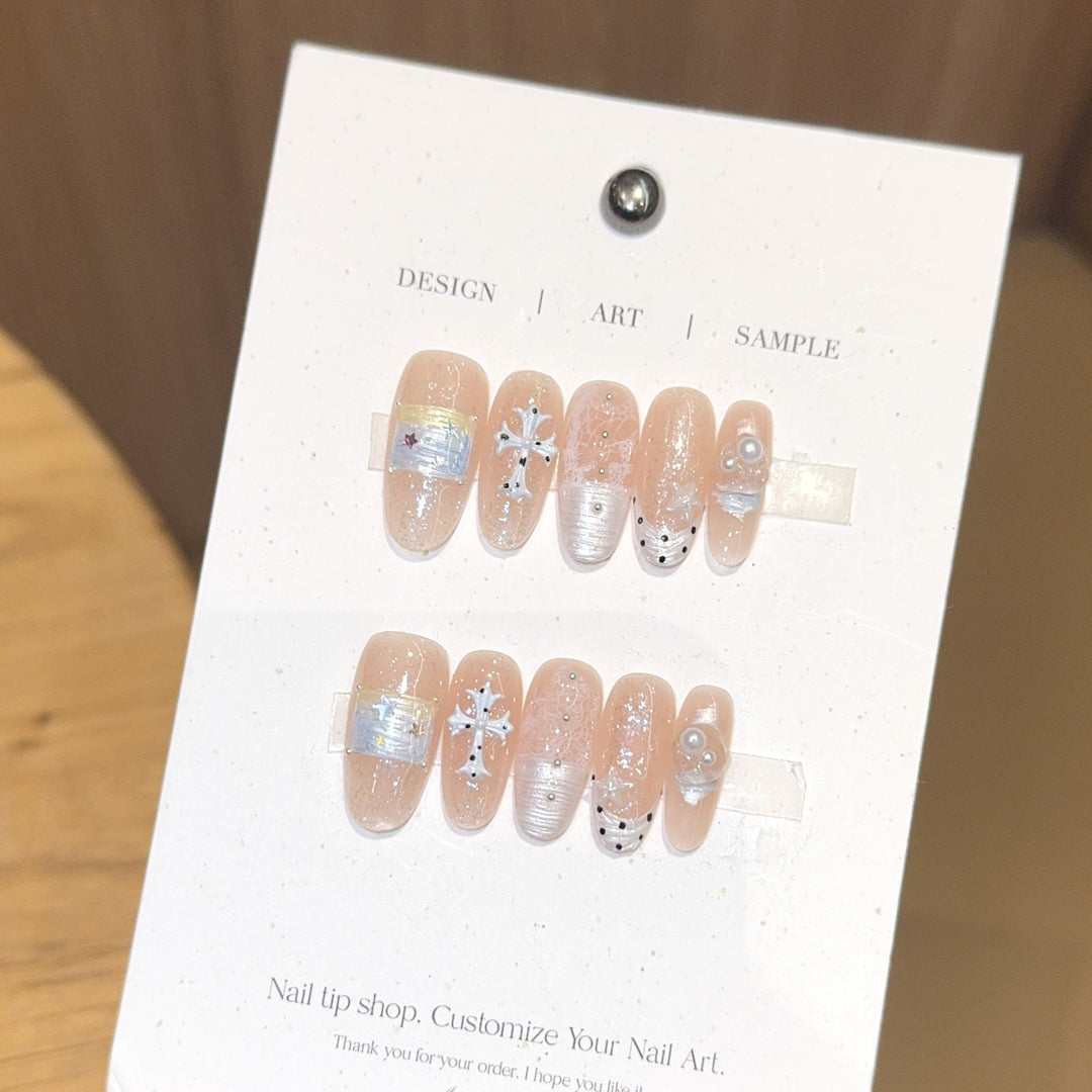 Acrylic Nail Set with Dreamy Glitter and Pearl Designs Bowlift