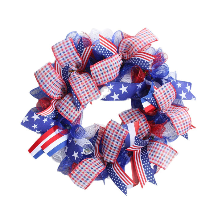 Unisex handmade patriotic door wreath with ribbon, star pattern and decorative net bow Bowlift