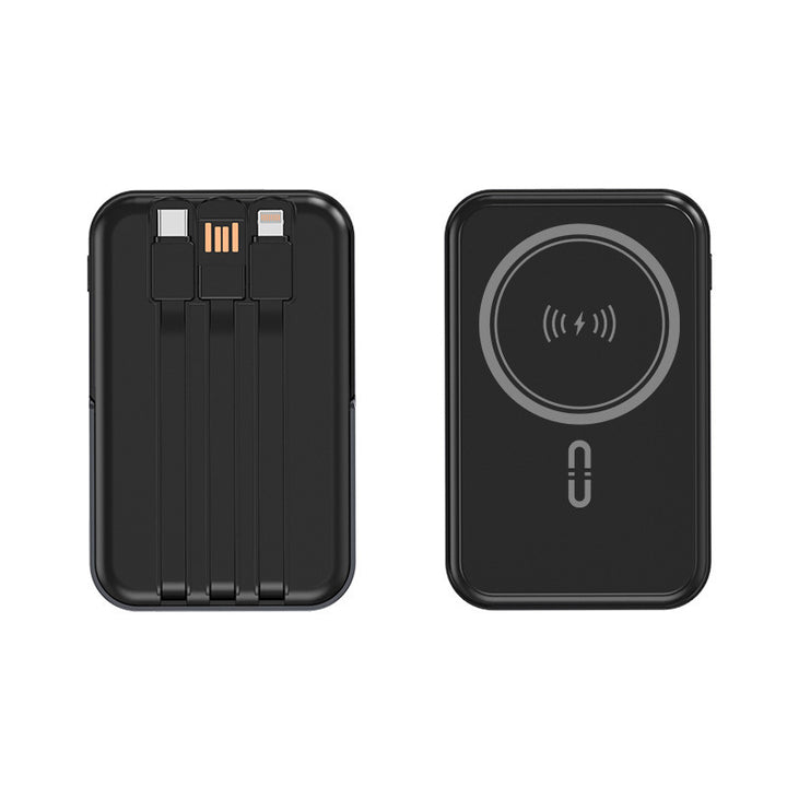 Portable power bank with integrated cable function and wireless charging option Bowlift