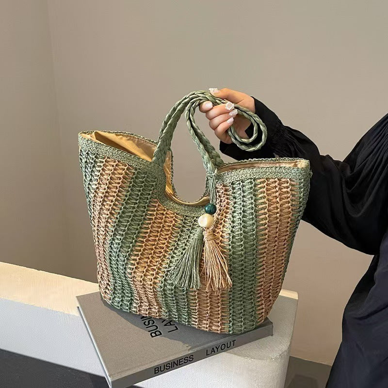 Designer Beach Bag with Textured Weave Bowlift
