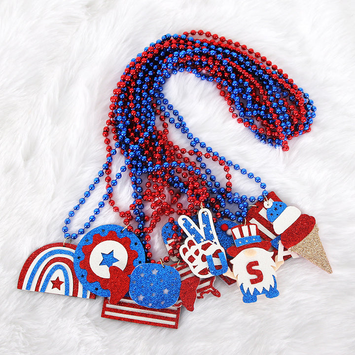 Women's nan glittered layered circular patriotic pendant necklace with beaded chain and star medallion Bowlift