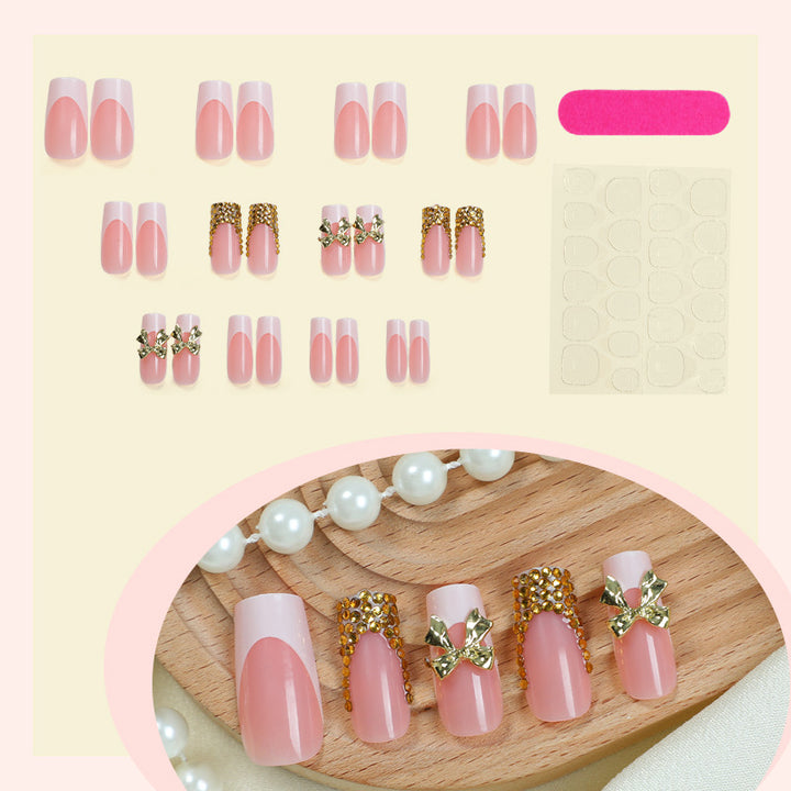 Decorative Press-On Nail Art Set with Elegant Bow and Gem Accents Bowlift