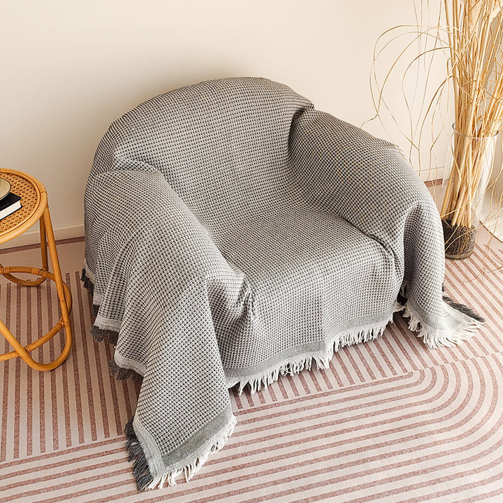 Waffle-Weave Fringed Throw Blanket Bowlift