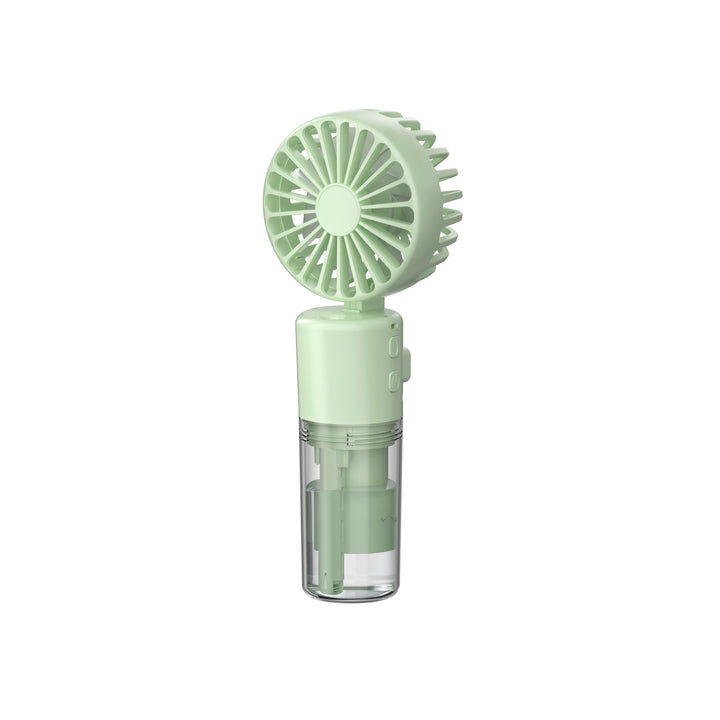 Cooling compact rechargeable folding misting handheld fan with transparent water reservoir detachable base and four speed brushless motor Bowlift