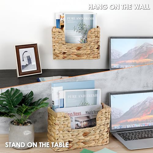 Wall shelf made of untreated wood with rattan inserts Bowlift