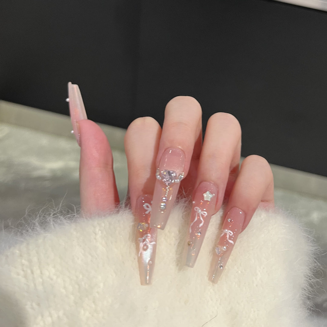 Elegant Press-On Nail Art Set with Chic Ribbon and Gem Accents Bowlift