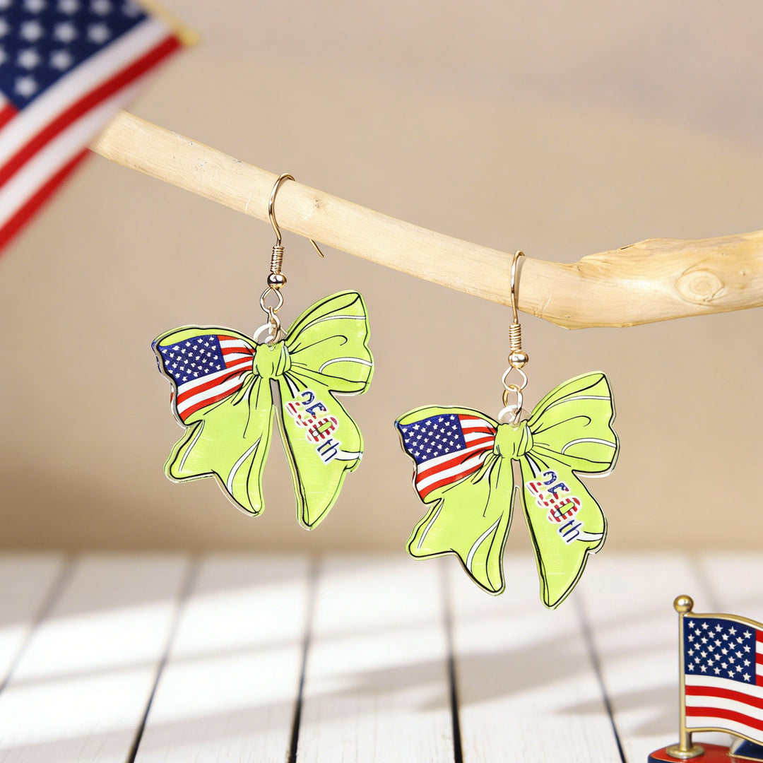 Women's acrylic statement earrings long pendant bow motif with patriotic print Bowlift