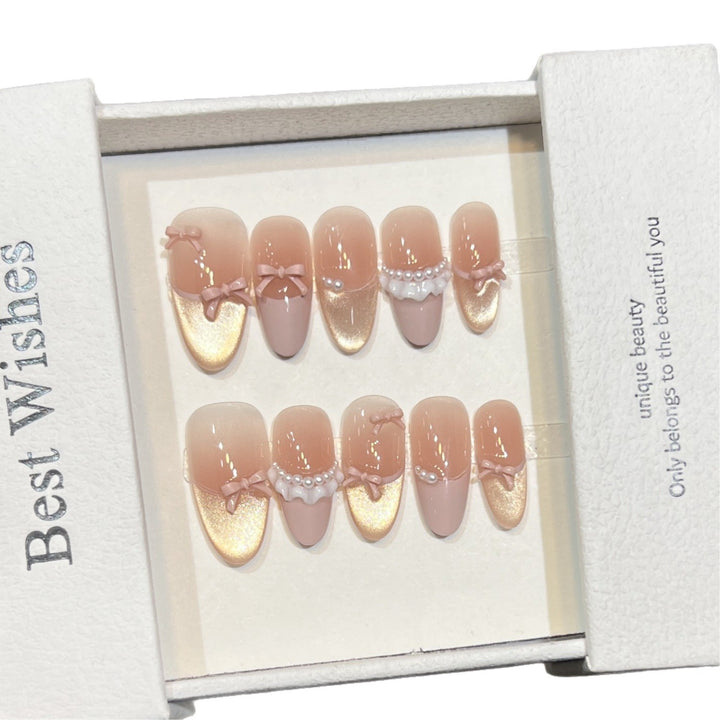Elegant Press-On Nail Art Set with Pearl and Bow Accents Bowlift
