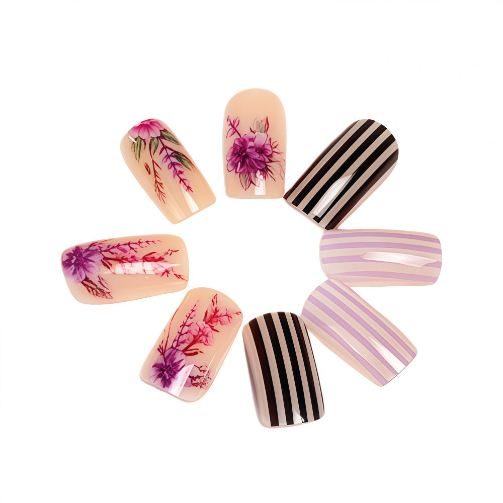 Artificial nails with floral and striped designs Bowlift