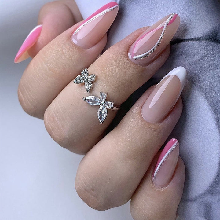 Elegant Press-On Nail Art Set with Butterfly and Glitter Accents Bowlift