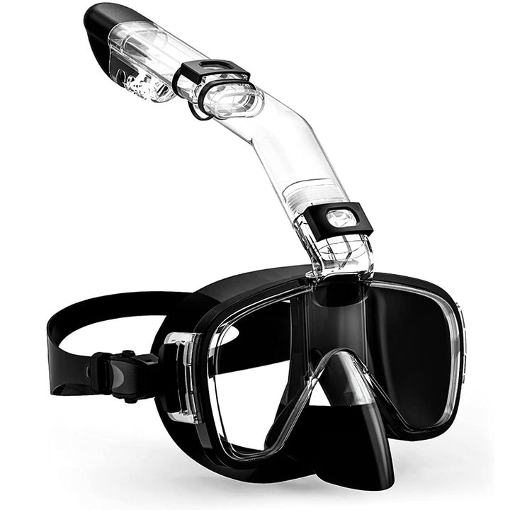Diving mask with visibility protection and flexible snorkel Bowlift