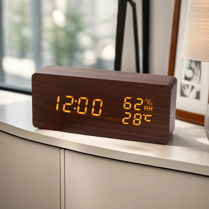 Modern Wooden LED Digital Alarm Clock with Temperature Humidity Display and Touch Controls Bowlift
