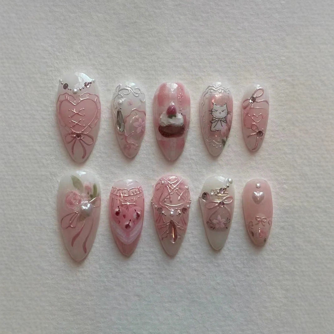 Artistic Heart-Embellished Press-On Nail Set Bowlift