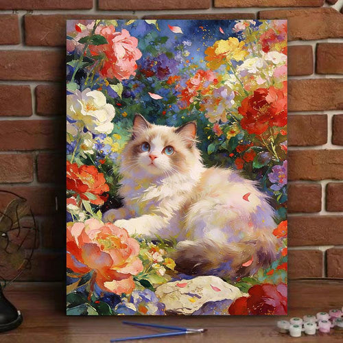 Cat-Themed Floral Canvas Art Print Bowlift