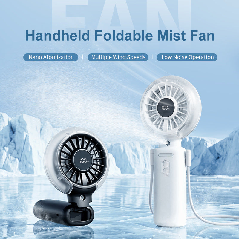 Cooling foldable rechargeable handheld fan with digital battery display and detachable neck strap Bowlift