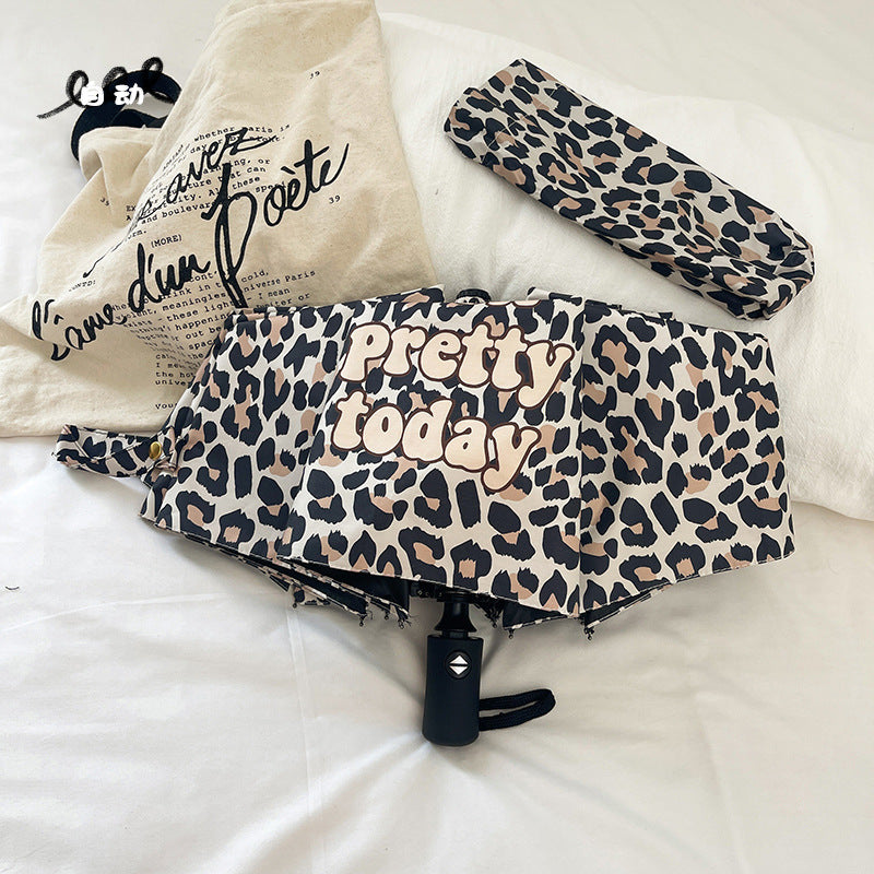 Women's Foldable Umbrella with Dynamic Leopard Pattern Bowlift