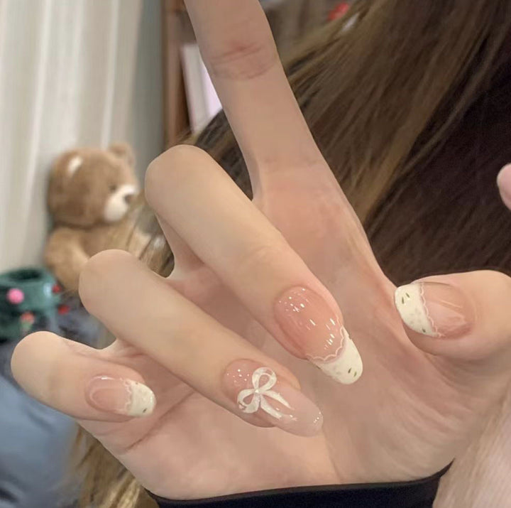 Press-On Nail Art Set with Elegant Bow and French Tip Design Bowlift