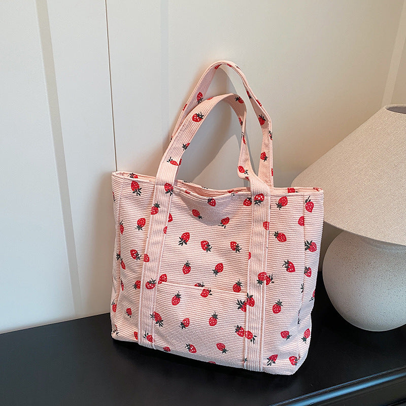 Playful Strawberry Print Corduroy Tote Bag Bowlift