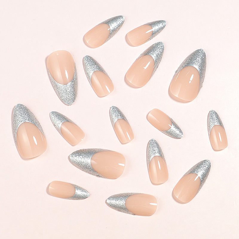 Elegant Glossy Almond-Shaped Press-On Nails with Silver Glitter Tips Bowlift