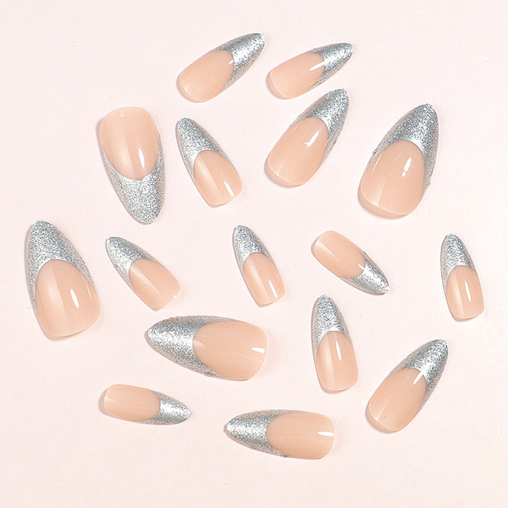 Elegant Glossy Almond-Shaped Press-On Nails with Silver Glitter Tips Bowlift