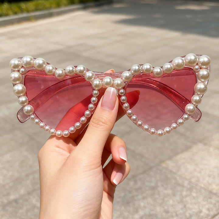 Decorative Pearl-Embellished Cat-Eye Sunglasses Bowlift