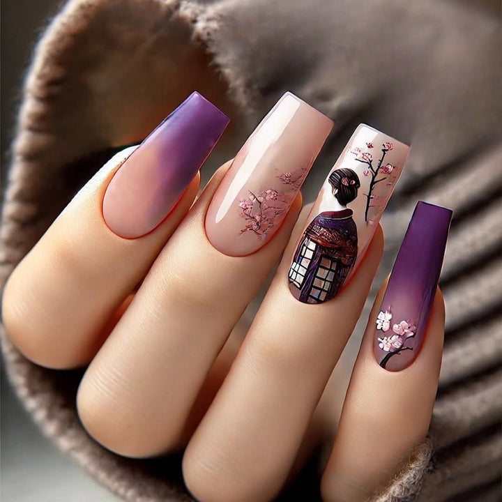 Elegant Artificial Nails Set with Ombre Design and Artistic Accents Bowlift