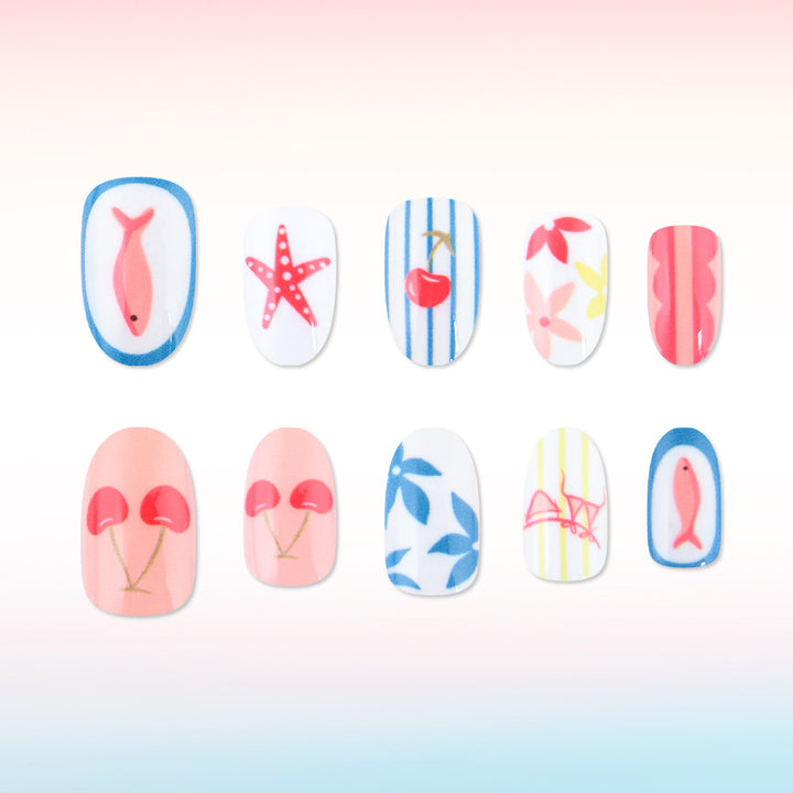 Artistic Summer-Themed Press-On Nail Art Bowlift