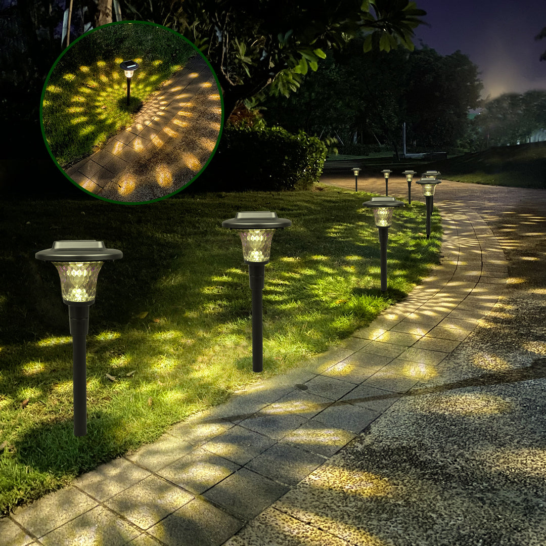 Solar LED Projecting Pathway Stake Lights With Color-Changing Crystal Lens And Dusk-To-Dawn Sensor Bowlift