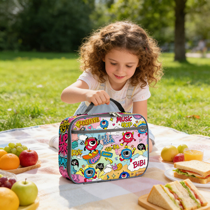 Insulated children's dinosaur lunch case with thermal lining and carry handle Bowlift