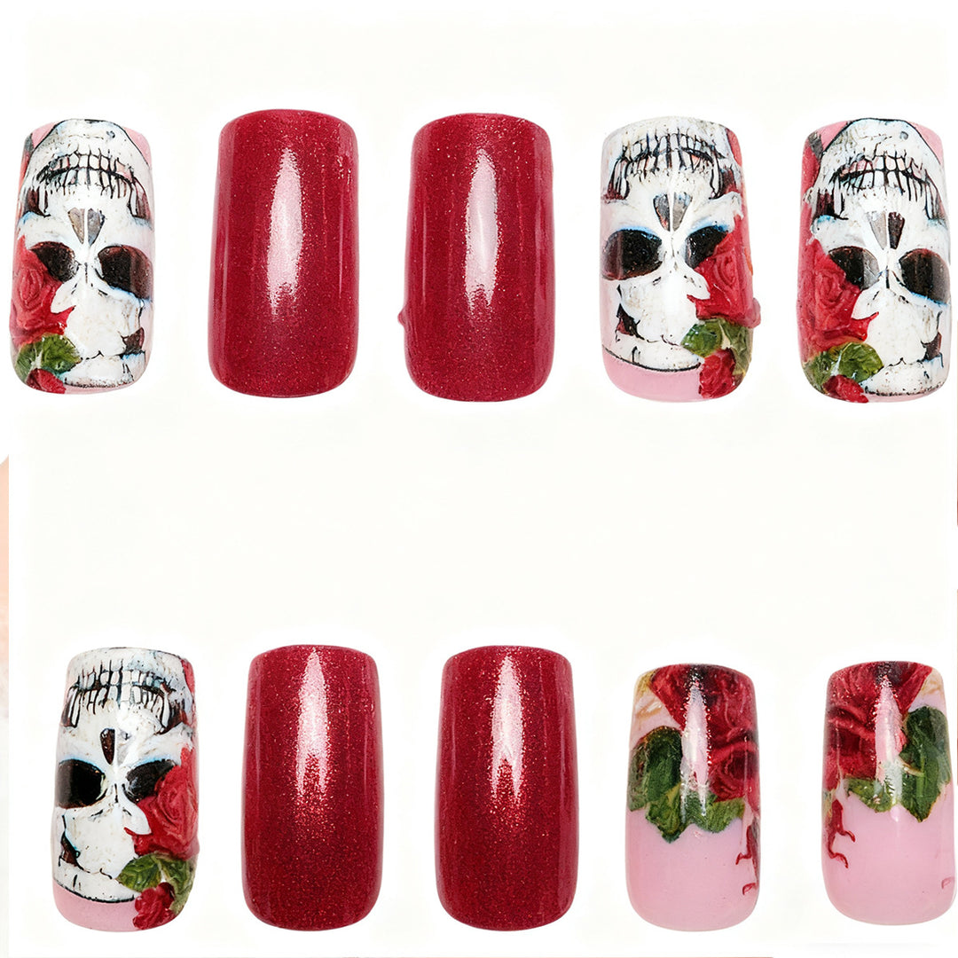 Artistic Nail Tips with Skull and Rose Pattern Bowlift
