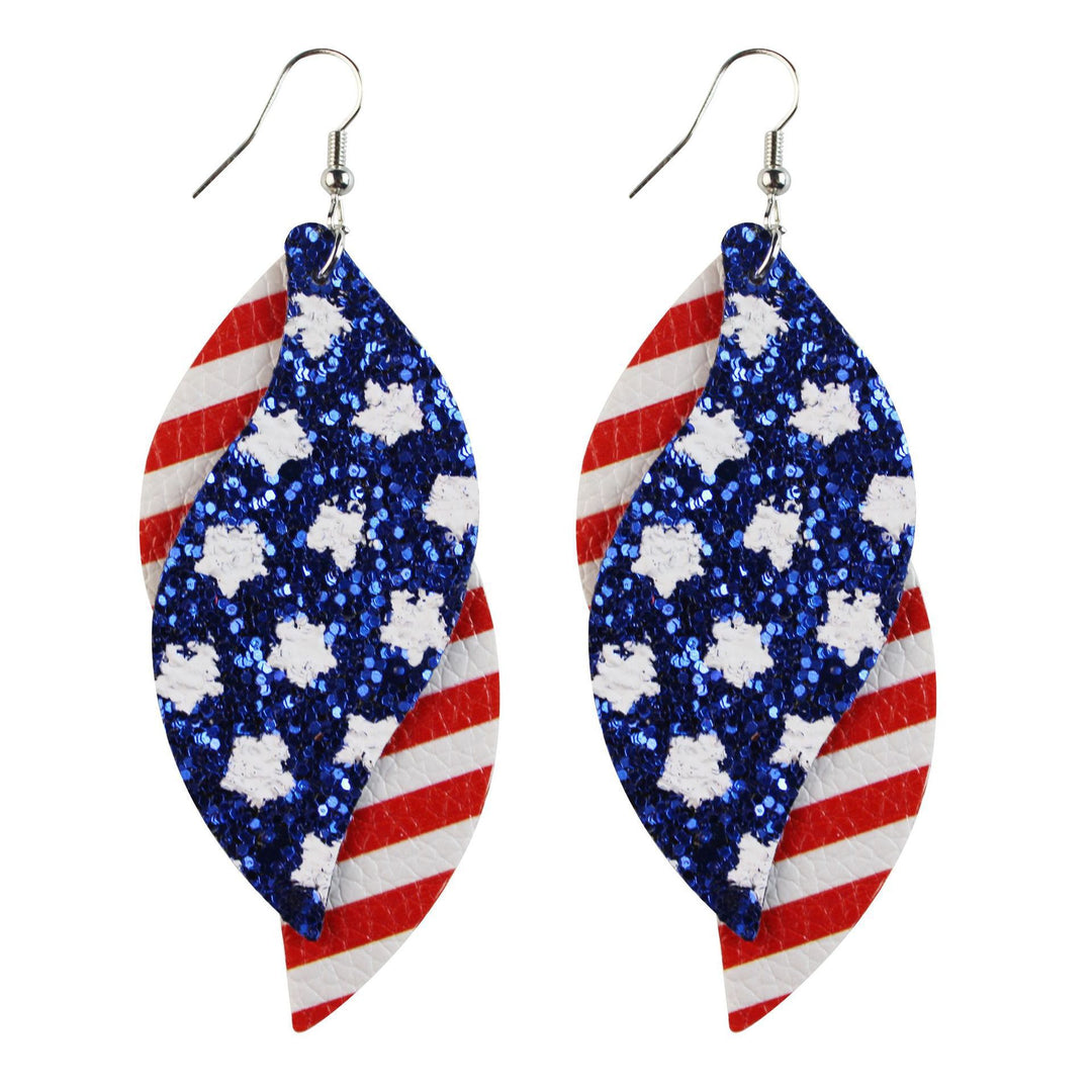 Women's star stripe print faux leather drop earrings with fishhook Bowlift