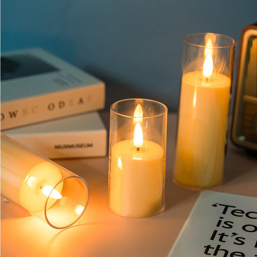 LED Flameless Pillar Candle Set with Clear Glass Cylinder Votives Bowlift