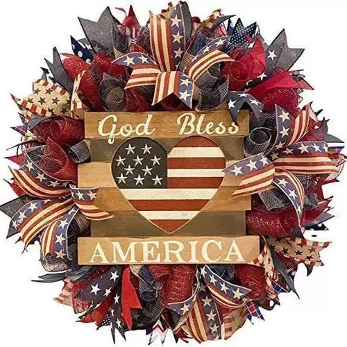 Unisex nan Patriotic Americana Decorative Front Door Wreath with Burlap Mesh Ribbon and Wooden Heart Plaque Bowlift