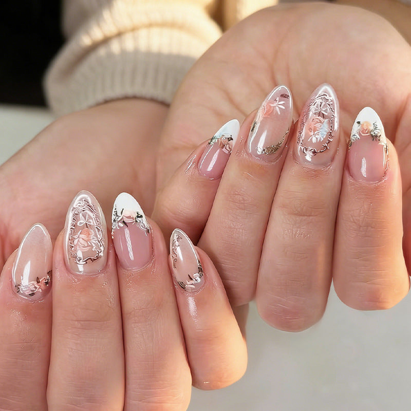 Elegant Floral Press-On Nail Art Ensemble Bowlift