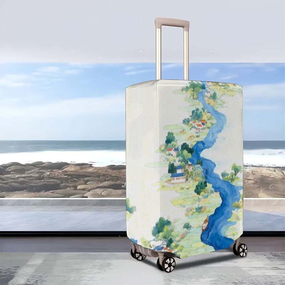 Unisex nan elastic suitcase cover with detailed river and village illustration print, tear-resistant stretch protection for hard shell and fabric trolley Bowlift