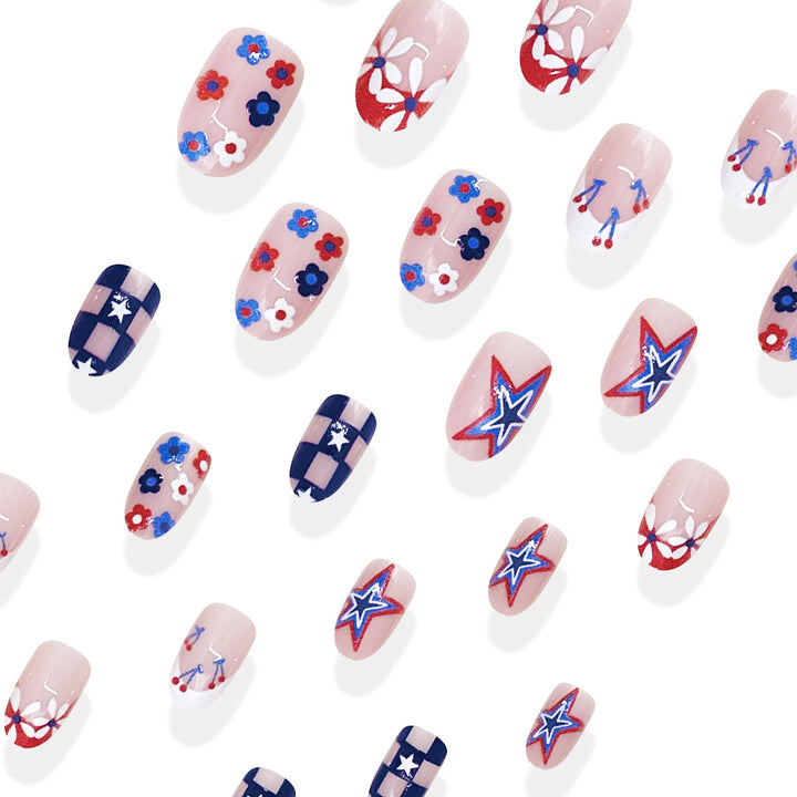 Women's nan patriotic star and floral press-on nail kit with mixed shapes and glossy finish Bowlift