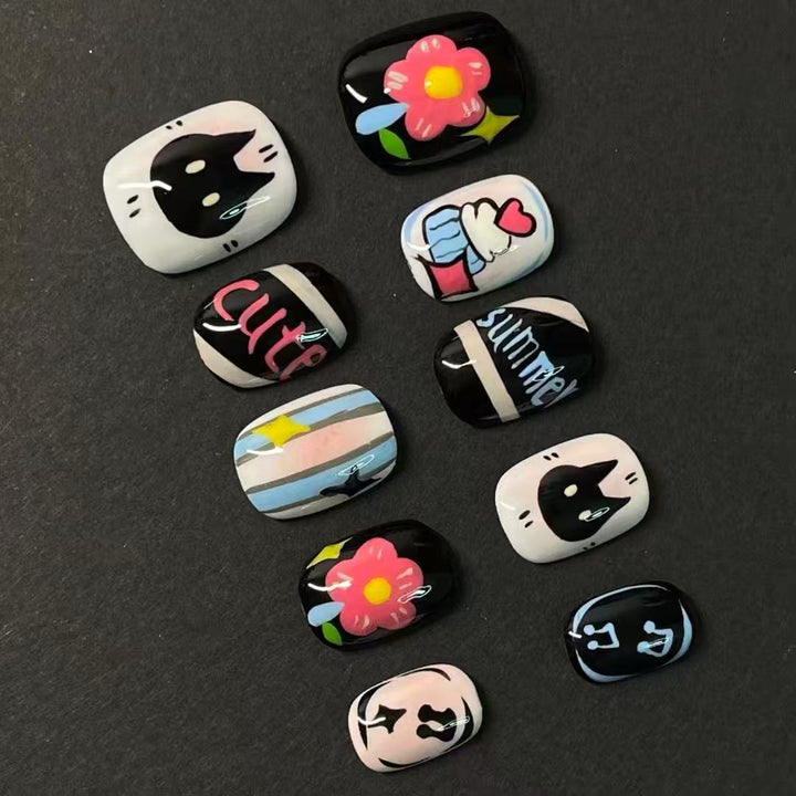 Artistic Cat-Themed Press-On Nail Art Set Bowlift