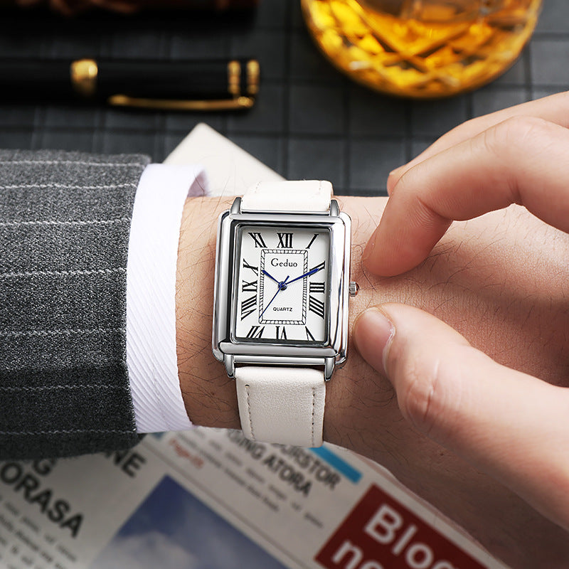 Rectangular Vintage Roman Dial Leather Dress Watch Bowlift
