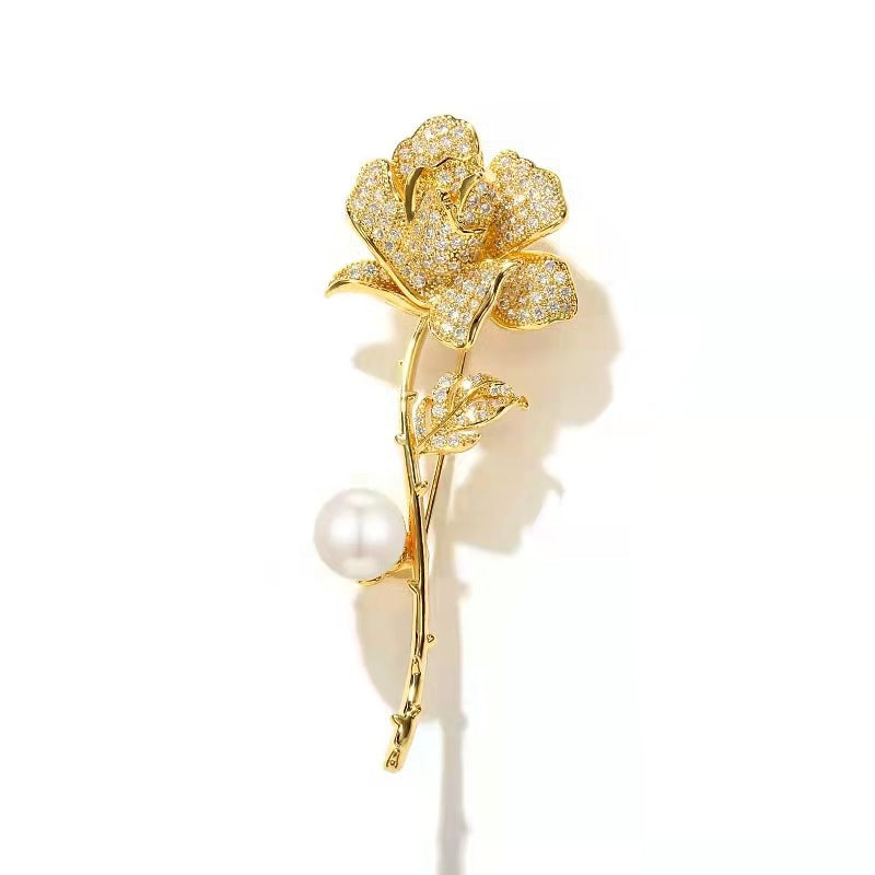 Elegant Brooch in Flower Shape with Rhinestones and Pearl Bowlift