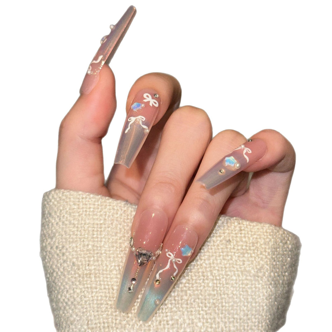 Elegant Press-On Nail Art Set with Chic Ribbon and Gem Accents Bowlift
