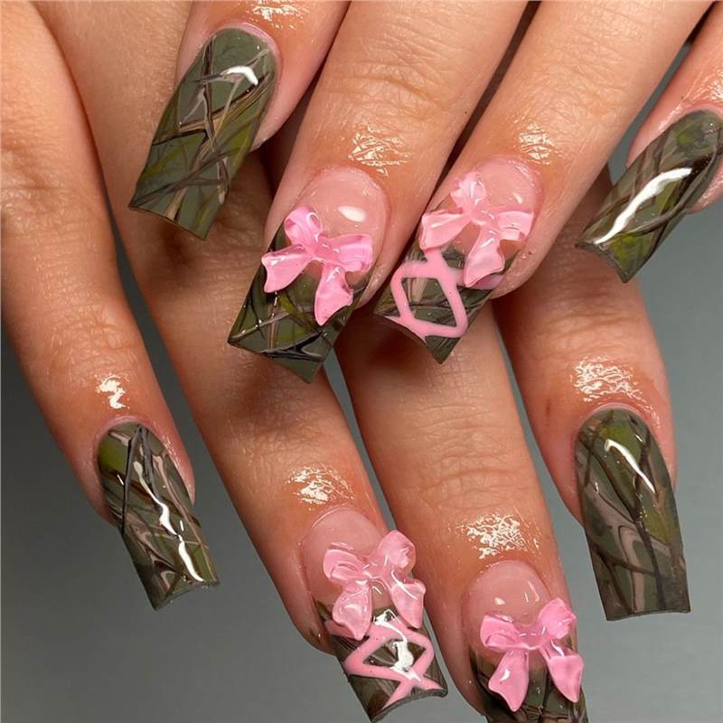 Decorative Long Press-On Nail Art with Bow Accents Bowlift